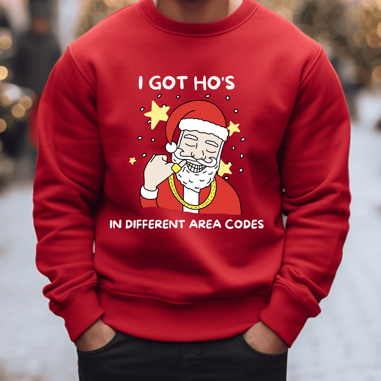 a man wearing a red sweatshirt that says i got ho's in different area