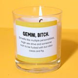 a candle with a label on it sitting on a table