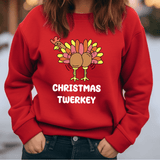 a woman wearing a red christmas turkey sweatshirt