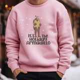 a person wearing a pink sweater with a horse on it