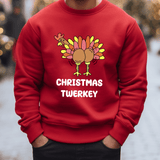 a man wearing a red christmas sweater with a turkey on it