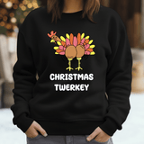 a woman wearing a black christmas sweatshirt with a turkey on it